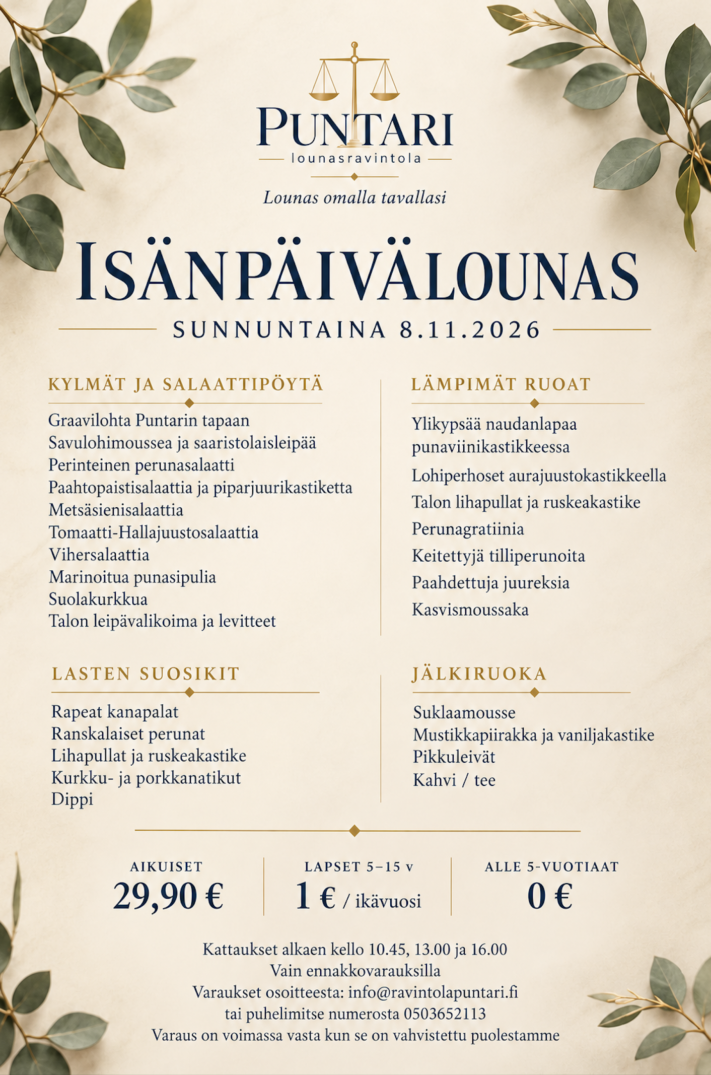 Ravintola Puntarin isänpäivälounas sunnuntaina 8.11.2026
